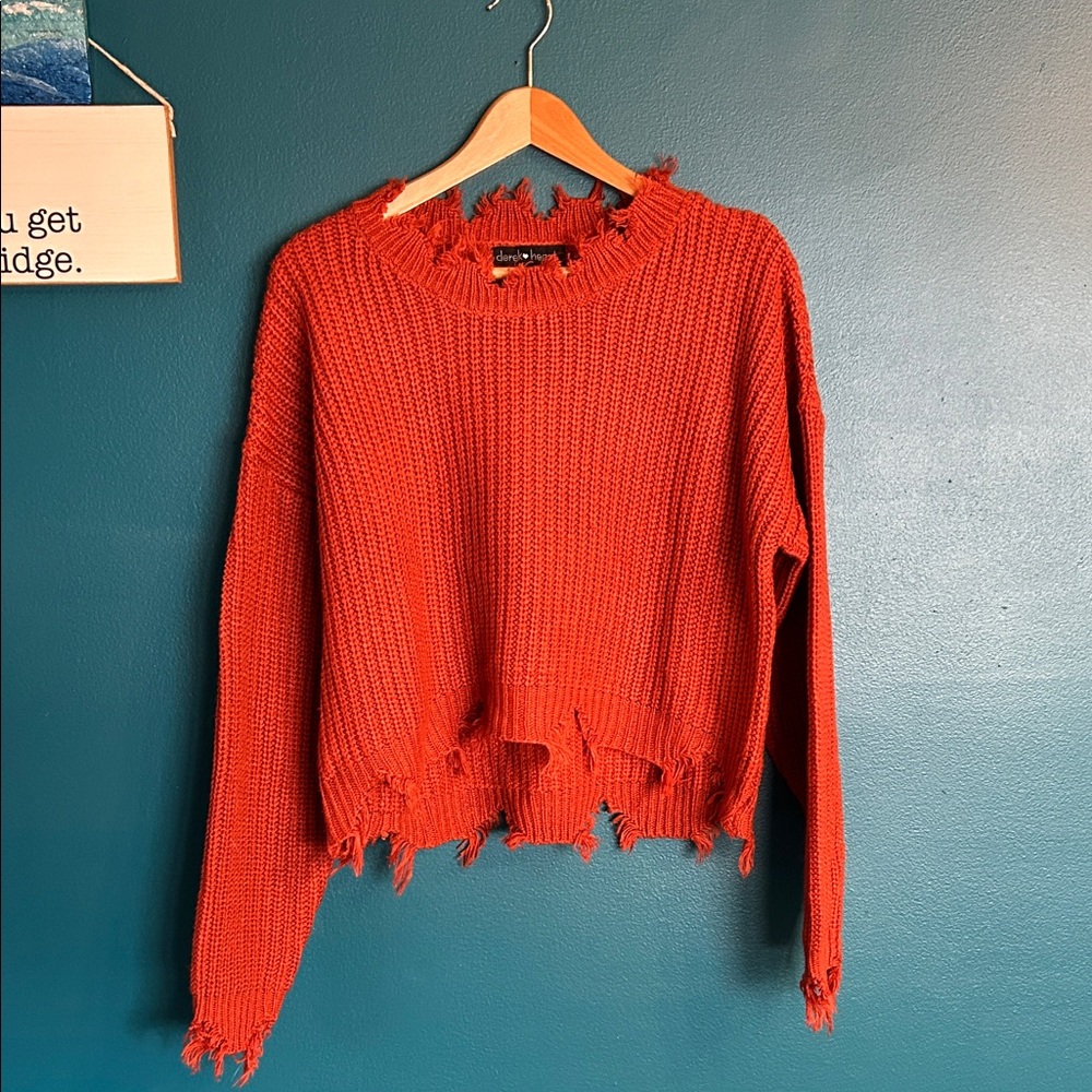 Derek Heart Frayed Edge Burnt Orange Sweater